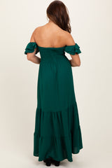 Hunter Green Smocked Ruffle Off Shoulder Tiered Maxi Dress