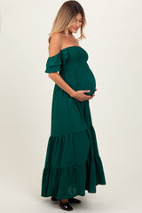 Hunter Green Smocked Ruffle Off Shoulder Tiered Maternity Maxi Dress