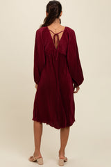 Burgundy Pleated Deep V-Neck Midi Dress