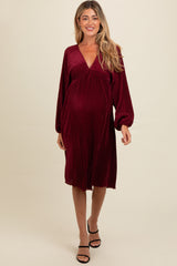 Burgundy Pleated Deep V-Neck Maternity Midi Dress