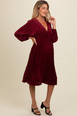 Burgundy Pleated Deep V-Neck Maternity Midi Dress