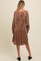 Mocha Pleated Deep V-Neck Maternity Midi Dress