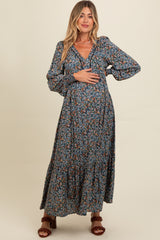 Navy Floral V-Neck Bubble Sleeve Maternity Maxi Dress