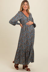 Navy Floral V-Neck Bubble Sleeve Maternity Maxi Dress