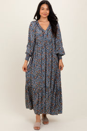 Navy Floral V-Neck Bubble Sleeve Maxi Dress