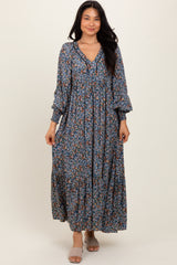 Navy Floral V-Neck Bubble Sleeve Maternity Maxi Dress