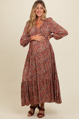 Mocha Floral V-Neck Bubble Sleeve Maternity Maxi Dress