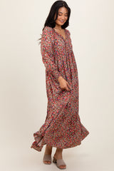 Mocha Floral V-Neck Bubble Sleeve Maxi Dress