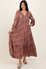 Mocha Floral V-Neck Bubble Sleeve Maxi Dress