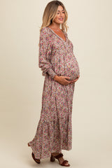 Cream Floral V-Neck Bubble Sleeve Maternity Maxi Dress