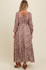 Cream Floral V-Neck Bubble Sleeve Maternity Maxi Dress