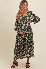 Olive Floral Textured Bubble Sleeve Maternity Maxi Dress