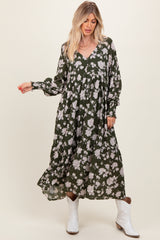 Olive Floral Textured Bubble Sleeve Maxi Dress