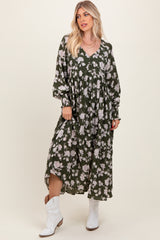 Olive Floral Textured Bubble Sleeve Maternity Maxi Dress