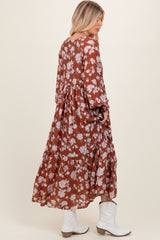 Rust Floral Textured Bubble Sleeve Maxi Dress