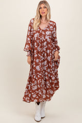 Rust Floral Textured Bubble Sleeve Maternity Maxi Dress