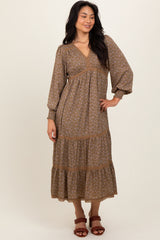 Mocha Floral Lace Trim Bubble Sleeve Maxi Dress