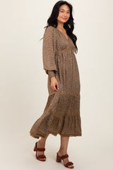 Mocha Floral Lace Trim Bubble Sleeve Maxi Dress