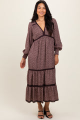 Brown Floral Lace Trim Bubble Sleeve Maternity Maxi Dress