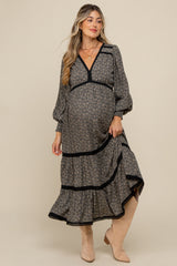 Black Floral Lace Trim Bubble Sleeve Maternity Maxi Dress