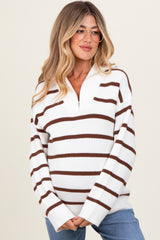 Brown Striped Knit Half Zip Maternity Sweater