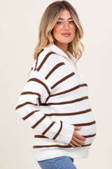 Brown Striped Knit Half Zip Maternity Sweater