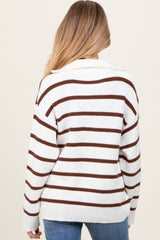 Brown Striped Knit Half Zip Maternity Sweater