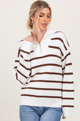 Brown Striped Knit Half Zip Maternity Sweater