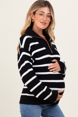 Black Striped Knit Half Zip Maternity Sweater