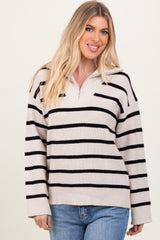 Cream Black Striped Knit Half Zip Sweater