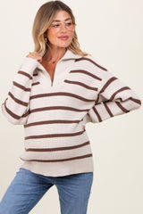 Cream Mocha Striped Knit Half Zip Maternity Sweater