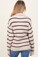 Cream Mocha Striped Knit Half Zip Maternity Sweater