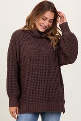 Brown Chunky Waffle Knit Turtleneck Sweater