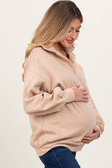 Beige Oversized Long Sleeve Polo Maternity Pullover