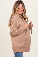 Beige Knit Front Pocket Hooded Maternity Sweater