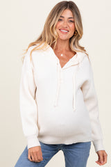 Cream Ribbed Knit Button Front Hooded Maternity Sweater