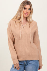 Beige Ribbed Knit Button Front Hooded Sweater