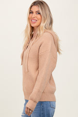 Beige Ribbed Knit Button Front Hooded Sweater