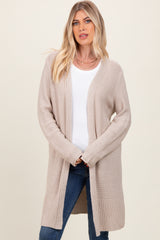 Beige Contrast Rib Long Maternity Open Cardigan