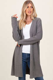 Charcoal Contrast Rib Long Open Cardigan