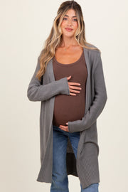 Charcoal Contrast Rib Long Maternity Open Cardigan