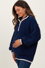 Navy Soft Fuzzy Knit Quarter Zip Maternity Pullover Sweater