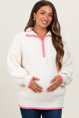 Cream Soft Fuzzy Knit Quarter Zip Maternity Pullover Sweater