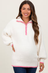 Cream Soft Fuzzy Knit Quarter Zip Maternity Pullover Sweater