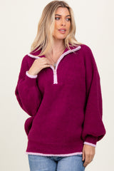 Magenta Soft Fuzzy Knit Quarter Zip Maternity Pullover Sweater