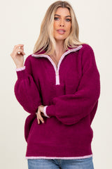 Magenta Soft Fuzzy Knit Quarter Zip Pullover Sweater