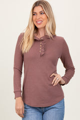 Plum Ruffle Collar Micro Waffle Knit Maternity Henley Top