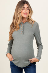 Olive Ruffle Collar Micro Waffle Knit Maternity Henley Top