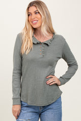 Olive Ruffle Collar Micro Waffle Knit Henley Top