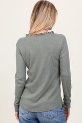 Olive Ruffle Collar Micro Waffle Knit Henley Top